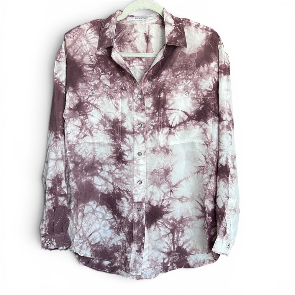 SPARKS Women Mauve White Tie Dye 100% Silk Button Down Shirt Long Sleeve Size M